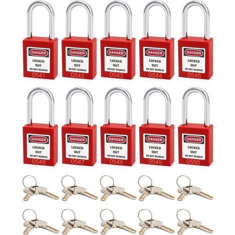 Vorhängeschlösser für Lockout-Tagout, 10 Stück, Rot, 38mm, mit 20 Schlüsseln