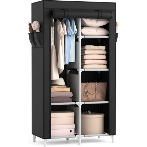 Armoire Chambre en Tissu, Armoire Penderie 2 Portes avec Barre de Suspension et Étagères, Penderie Tissu avec Housse pour Vestiaire Dressing Chambre (Noir, 84 x 42 x 162 cm) (1/5)