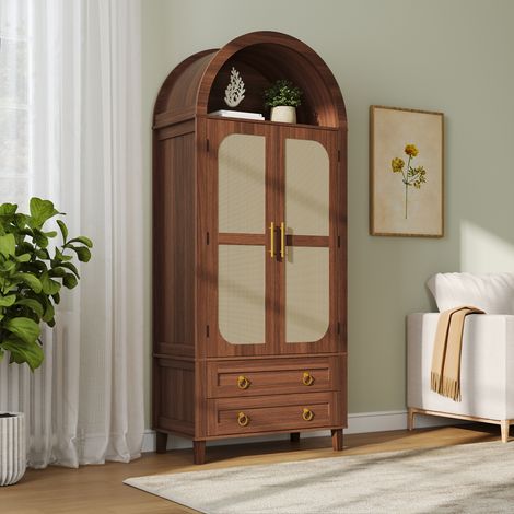 Armoire de Rangement avec Niche en Arche, LED Réglables par Appli, 2 Portes Décor Rotin avec Rangements Intérieurs, 2 Tiroirs, MDF - Noyer (1/5)