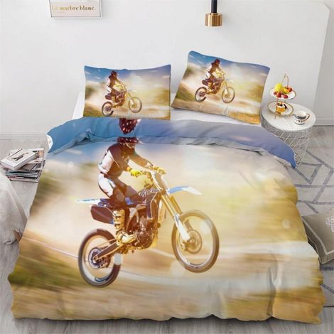 Bettwäsche-Set 200x200 cm mit 2 Kissenbezügen 80x80 cm, 3D Motocross-Motiv, Mikrofaser, Reißverschluss