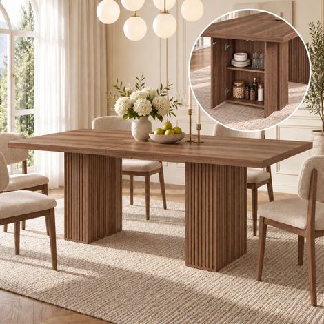 MODFU – Tavolo da pranzo allungabile 150-190x90 cm in MDF con prolunga integrata, 2 vani contenitore, fino a 8 persone e portata 60 kg – Noce (1/5)