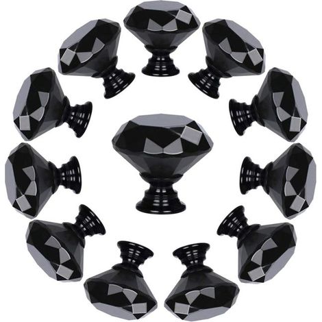 Ein Set aus 10 rautenförmigen Schubladengriffen aus Kristallglas (30 mm, komplett schwarz) und Schrankgriffen (1/4)