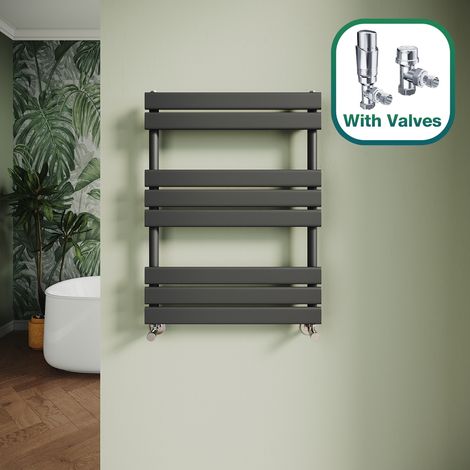 ELEGANT Modern Central Heating Towel Radiator Bathroom Flat Panel Heated Towel Rail 800x600mm Black + Chrome Thermostatic Radiator Valves (1/5)