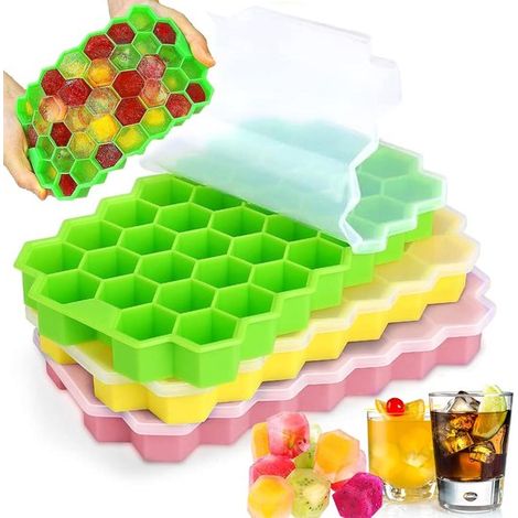 Bandeja hexagonal de silicona para cubitos de hielo de 3 piezas con tapa 47 cubitos de hielo, apta para alimentos y fácil de desmoldar. (1/5)