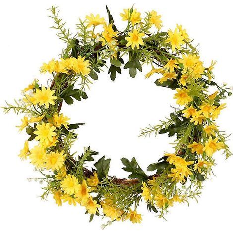 Künstlicher Gänseblümchenkranz aus gelbem Stoff zur Sommerdekoration, ein Kranz, der jeden Raum aufhellt. (1/5)