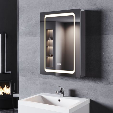 SONNI Aluminium Spiegelschrank mit beleuchtung LED 50cm steckdose Beschlagfrei Touch Badspiegel Drahtloses Scharnier & Softclose Scharnieren IP44 (1/5)