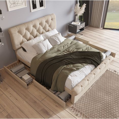 Bett Doppelbett Bettgestell Stauraum 140x200 Leinen OKMYHOME (1/5)