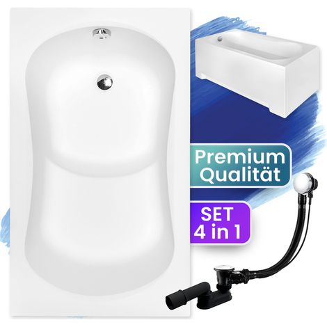 Badewanne Rechteck 120x70 mit AcrylSchürze, Ablaufgarnitur & Füßen GRATIS - Komplettset 4in1 Original Acryl Wanne Siphon - BADLAND ARIA REHAB (1/5)