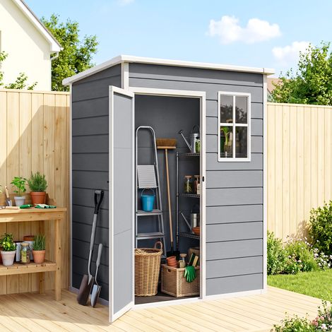 Caseta de jardín de 1,14 m² para herramientas - puerta con cerradura, ventilación y ventana - dimensiones 151 cm (largo) x 92 cm (ancho) x 193 cm (alto) - plástico, gris