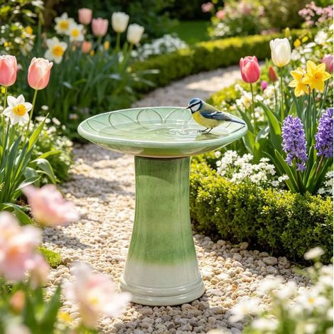 Bain d'oiseaux sur pied en céramique verte, grand modèle Ø43 cm, hauteur 45 cm, finition brillante, résistant au gel pour jardin, terrasse et balcon - CHICFURN (1/5)