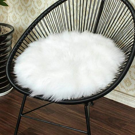 MINE Coussin de siège rond en peau de mouton en fausse fourrure de première qualité, housse de chaise en peluche pour chambre à coucher, 14 x 14, blanc (1/5)