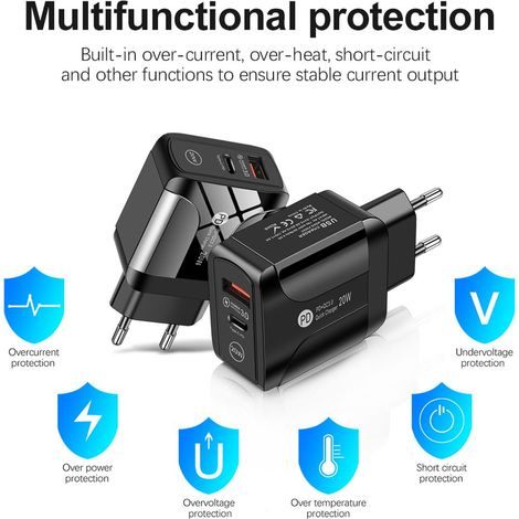 Adaptateur secteur 20 W, chargeur rapide, alimentation USB-C Type-C QC 3.0, noir (1/3)