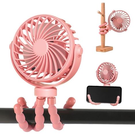 Ventilateur poussette rose 3 vitesses + trépied USB Rotation 360°, portable, flexible (1/5)