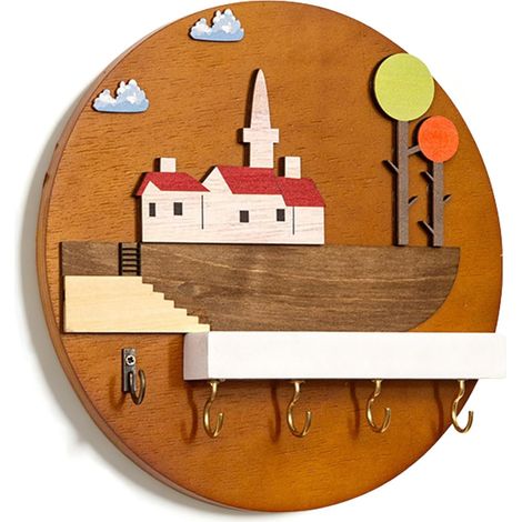 Porte-clés mural (avec étagère et 5 crochets), porte-clés mural en bois, supporte une installation adhésive ou par vis. (1/5)