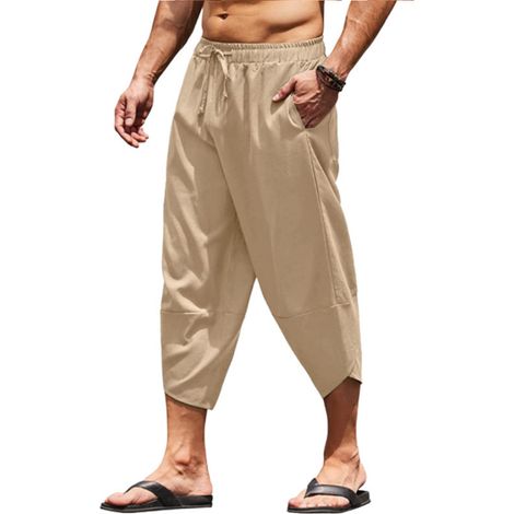 1 pantalon Capri homme, taille élastique avec cordon, coupe ample et respirante, pour plage et yoga, en coton (1/5)