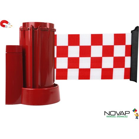 Enrouleur mural magnétique Rouge avec sangle damier Rouge/Blanc 3m x 100mm - 2053754 (1/3)