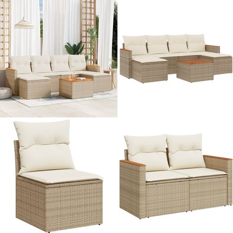 7-tlg. Garten-Sofagarnitur mit Kissen Beige Poly Rattan - Gartenmöbel - Rattan Gartenmöbel - Outdoor Möbel - Lounge Set - Esstisch - Home & Living (1/5)