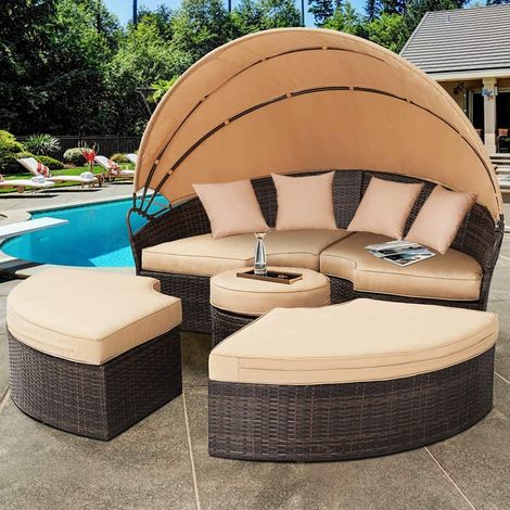 Sonneninsel Sonnenliege Rattan Lounge 180CM Tisch Polyrattan Gartenmuschel (1/5)