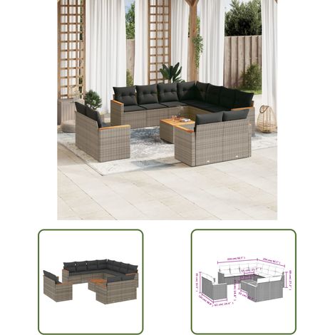 The Living Store 12-tlg. Garten-Sofagarnitur mit Kissen Grau Poly Rattan - Gartenmöbel Set - Gartensorte - Lounge Möbel - Outdoor Sofa - Rattan Gartenmöbel (1/3)