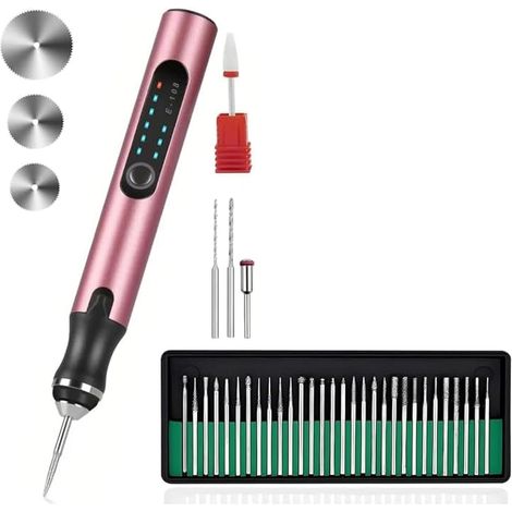 Stylo à Graver électrique Rechargeable USB avec 37 Embouts, Outil Rotatif sans Fil pour La Gravure De Bijoux, Bois, Verre Et Pierre - Graveur Portable Le Bricolage Rose Gold (1/5)