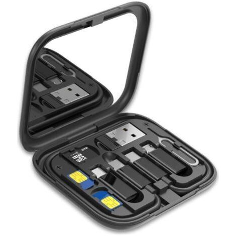 Universeller Reiseadapter, Reiseset mit USB-auf-USB-Typ-C-/Micro-USB-/Telefonadapter, PD-USB-Typ-C-Kabel und SIM-Karten-Auswurfwerkzeug – Kompaktes Etui mit Spiegel und Organizer-Set (1/4)