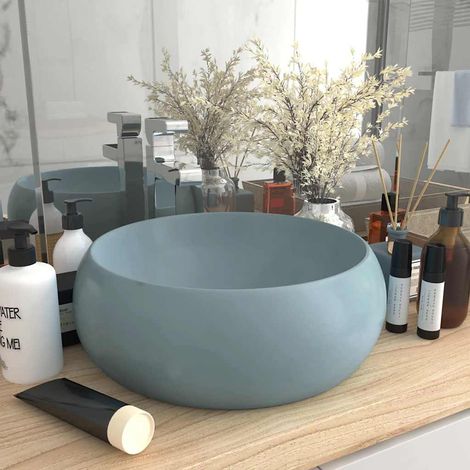 Vasque ronde luxueuse, bleu clair mat, 40 x 15 cm, céramique