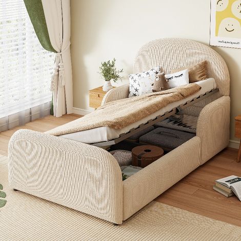 Kinderbett & Jugendbett 90x200 mit Stauraum und Rausfallschutz, Polsterbett aus Samt mit hydraulischem Bettkasten und Kopfteil, Beige (1/5)