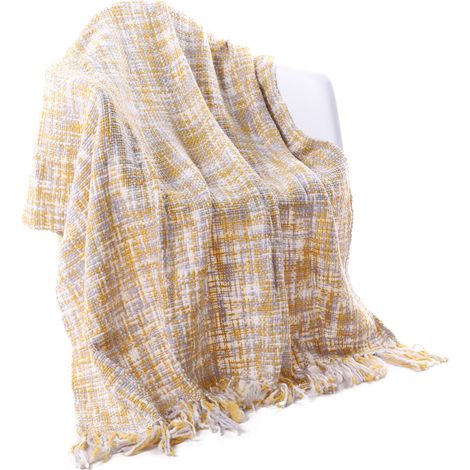 Couverture tricotée à pompons jaune bohème, 127 x 152 cm, couverture de canapé, couverture de voyage, couverture de sieste (1/5)