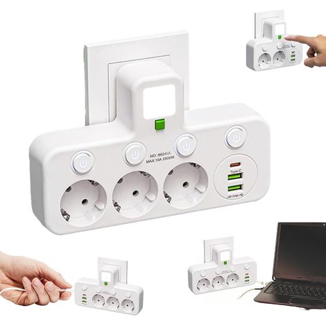 Multiprise Murale Française 3 Sortie,Multipriseavec USB,Prise Multiple avec Interrupteur Individuel,multiprise avec Interrupteur,Multiprisesans Fil avec veilleuse multifonctionnelle (1/5)