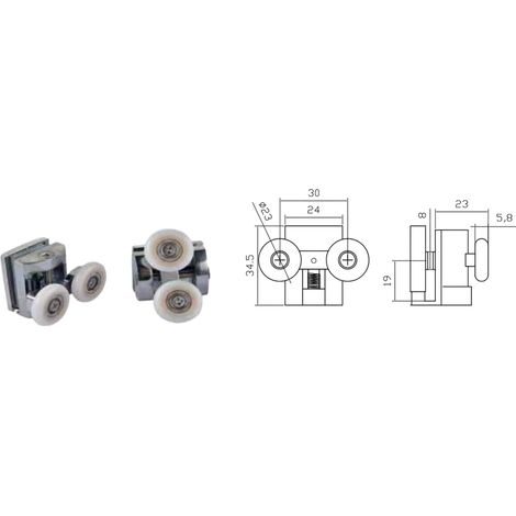 Coppia Cuscinetti Doppia Ruota Attacco Superiore Metallo Cromato Box Doccia – Ø23 mm – Vetro 8 mm – Foro 9 mm