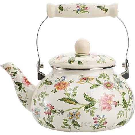1 Bouilloire, Émail, Motif floral, Poignée porcelaine, 2,5 L, Cuisine, Cadeau (1/4)