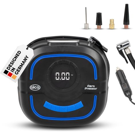 alca® Digital Kompressor Kompakt mit digitalem Manometer einrollbar tragbar Automatic-Stopp für 12 V Zigarettenanzünder Auto Fahrrad Ball SUP 10 Bar