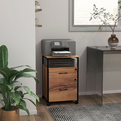 Unité Tiroirs Bureau Tiroir Roues Lime A4 Format Lettre Rustique Rangement Travail Marron 44x40x66,5cm (1/4)
