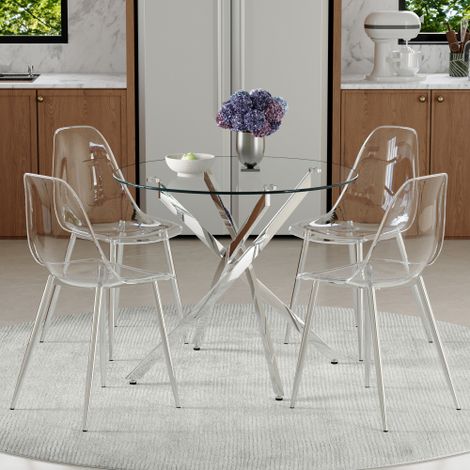 Ensemble table et chaises. Table de salle à manger de luxe en verre trempé de 88 cm + 4 chaises de salle à manger en plastique transparent. Ensemble moderne et épuré (1 table - 4 chaises), idéal pour