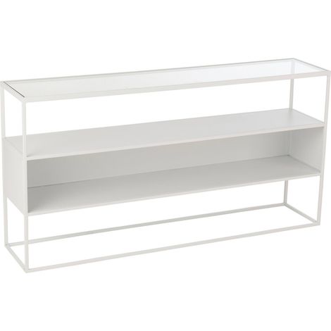 Console design blanc en métal et verre pour salon contemporain - Blanc laqué et verre transparent