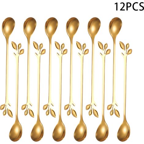 (Ensemble doré de 12 pièces) Cuillère à thé en forme de feuille, fourchette à thé, couverts à long manche en acier inoxydable, cuillère à glaçons, fourchette longue, cuillère à dessert, fourchette à f (1/5)