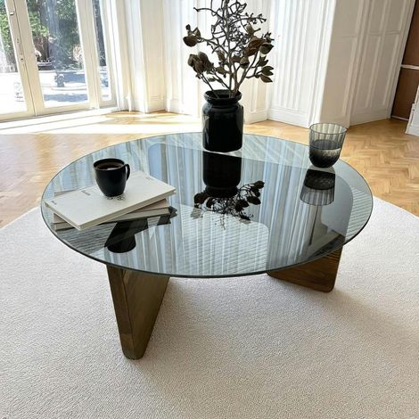 Table basse design en verre fumé - pied bois brun ANZIO (1/5)