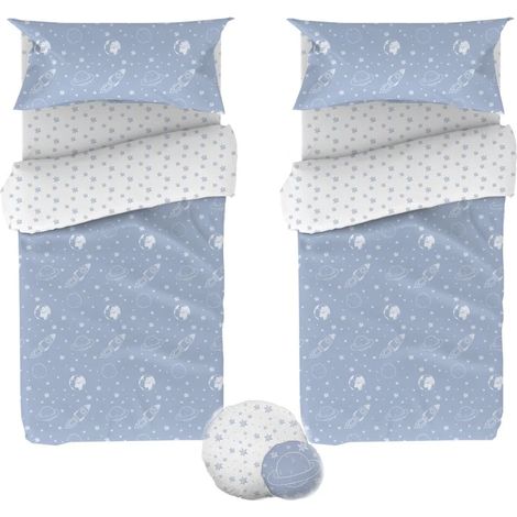 Funda nórdica set 3 piezas pack de 2 + cojín algodón azul 90x190cm