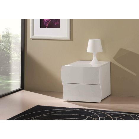 Dmora Mesita de noche ondulada moderna con 2 cajones, Made in Italy, Mesa de noche, Mueble para dormitorio, 50x40h41 cm, color blanco brillante, con embalaje reforzado (1/4)