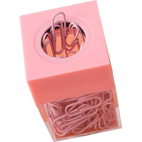 Distributeur de trombones magnétiques grande capacité, transparent, rose, idéal pour le bureau, l'école ou le travail. (1/5)