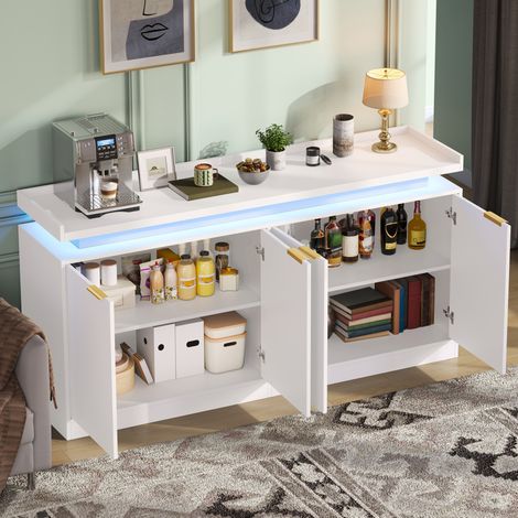 Aparador de cocina con iluminación LED, 4 puertas, 160 x 39 x 83 cm, MDF blanco OKMYHOME (1/5)