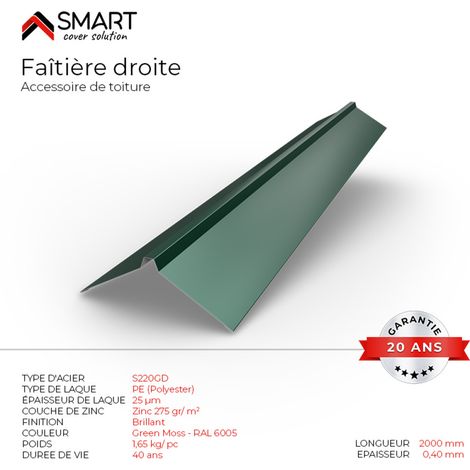Bravo The Smart Solution – Faîtière droite bac acier – Tôle de couverture H12 – Longueur 2m – Couleur vert mousse RAL 6005 – Accessoire toiture (1/2)