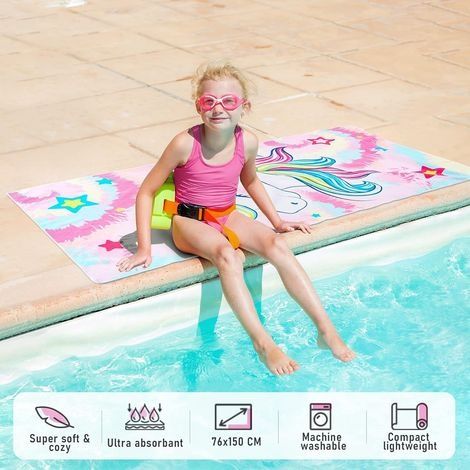 Einhorn-Strandtuch für Kinder – 75 x 150 cm, Regenbogen-Badetuch für Mädchen, saugfähige Stranddecke, sandabweisend, schnelltrocknend, Poolhandtuch (1/4)