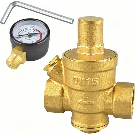 Water pressure regulator, brass water pressure reducer with pressure gauge and inch sieve filter for optimal water pressure. (1/5)