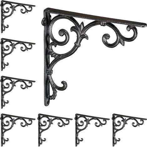 Relaxdays 8x XL Shelf Brackets, Cast Iron, Rack Support, Vintage Motif, HWD: 26 x 5 x 26 cm, Angle for Shelves, Black