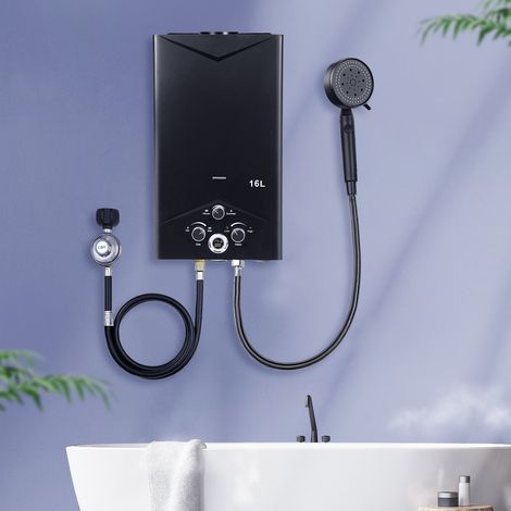 FLASIDU - Chauffe-eau instantané à gaz, capacité de 16 litres, débit de 4,21 gallons/minute, température maximale de l'eau 70 °C, avec affichage numérique.
