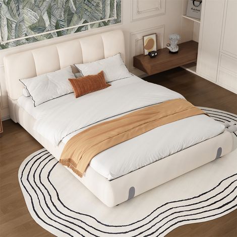 4ft6 Double Bed(135x190cm), Strong Frame with Soft Velvet Headboard, White - Durable Bed for Adults & Teenagers,Upholstered Double Bed (1/5)