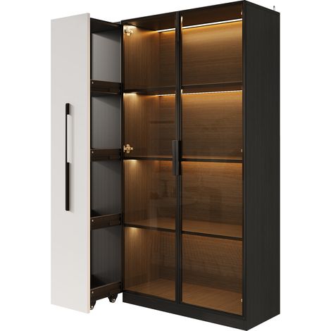 Vitrina multifunción de MDF y vidrio 110,5 x 35 x 160 cm con LED, mueble alto blanco y negro (1/5)