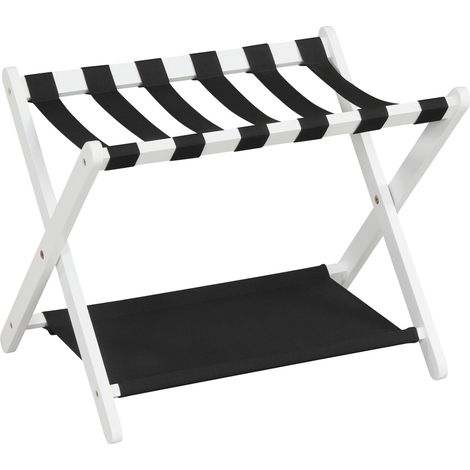 Porte-bagages pliant en bois d'hévéa massif avec étagères en nylon - blanc (1/5)