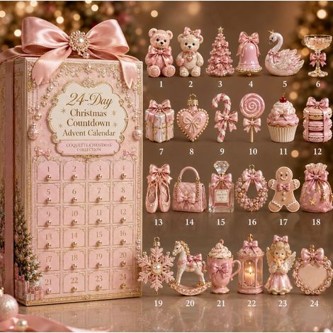 Adventskalender 2026 – 24-teilig – rosa-weiß-gold – Acryl – 24 Tage lang rosa Weihnachtsanhänger – Weihnachtsbaumschmuck – geeignet für Weihnachten und als Dekoration für den Wohnbereich (1/3)